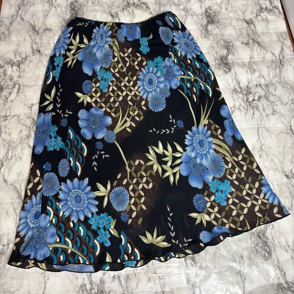 Y2K 90s floral retro midi skirt stretch pull on size large black blue boho